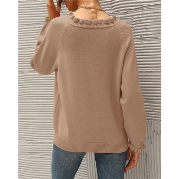 Womens Ruffle Sweater Long Sleeve Knitted Pullover Button Down Crewneck Tops - Picture 3 of 7